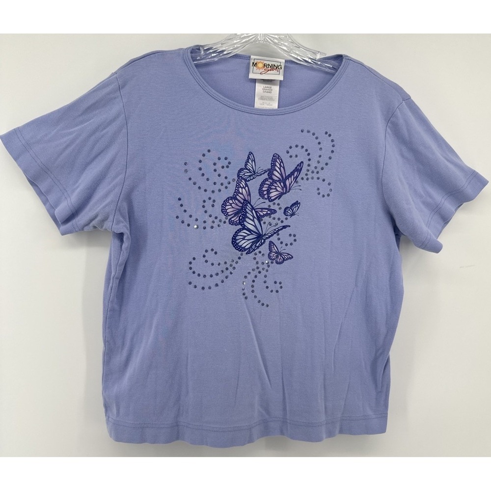 VTG Morning Sun Embellished Butterfly T-Shirt Blue Large Cottagecore USA